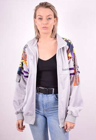 WOMENS VINTAGE TRACKSUIT TOP JACKET LARGE GREY 90'S