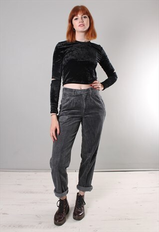 VINTAGE 80S WRANGLER GREY HIGH WAISTED CORD MOM TROUSERS