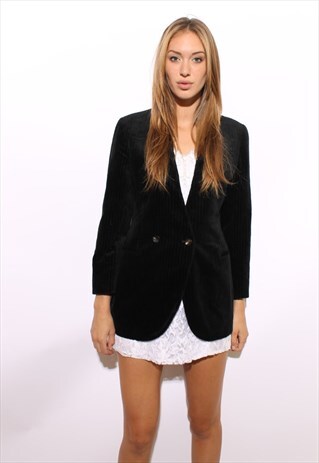 VINTAGE 1980'S 80'S BLACK CORDUROY BLAZER BOXY JACKET M-L