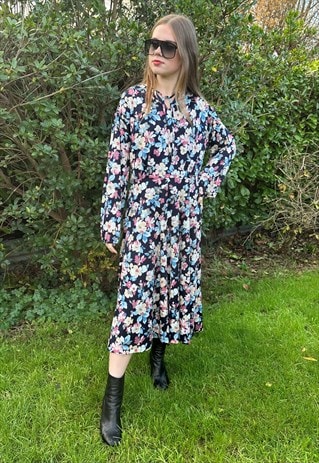 70's Vintage Lucie Linden Blue Floral Bell Sleeve Midi Dress