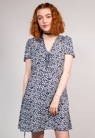 90'S VINTAGE NAVY FLORAL PATTERN MINI GRUNGE DRESS