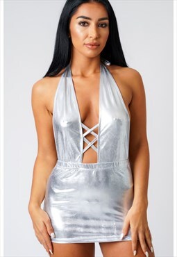 Silver Backless Short Halter Neck Metallic Shine TieUp Dress