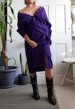 Vintage 80s purple skirt suit with rhinestone buttons