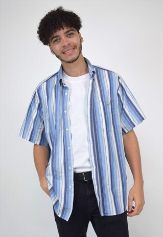 VINTAGE 90'S LACOSTE BLUE & WHITE STRIPED SHORT SLEEVE SHIRT