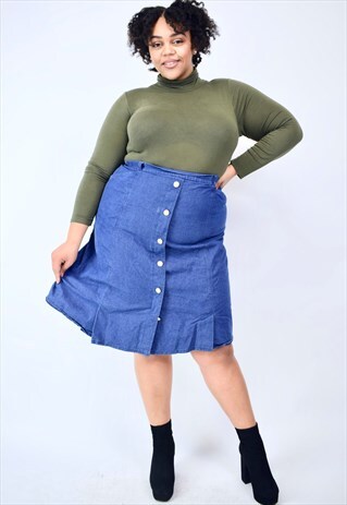 VINTAGE 90'S DENIM MIDI SKIRT WITH BUTTONS & PLEATS