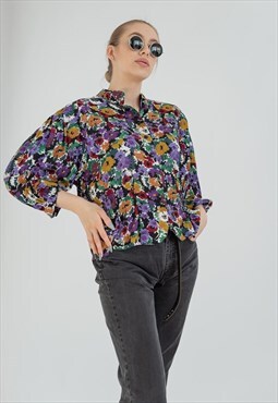 Vintage 70s Puffy Short Sleeve Ditsy Floral Printed Blouse M