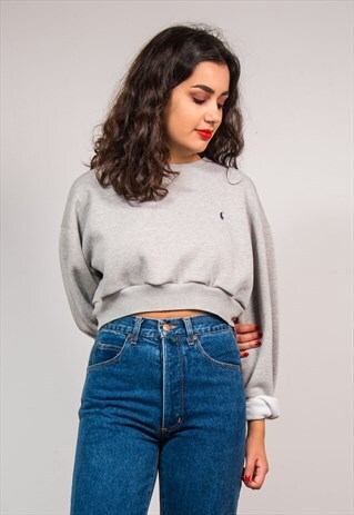VINTAGE 90'S GREY REWORK RALPH LAUREN CROPPED SWEATSHIRT