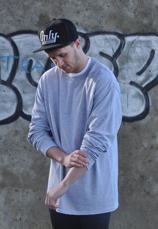 RETRO NEW PLAIN GREY OVERSIZED CREW NECK LONG SLEEVE TSHIRT
