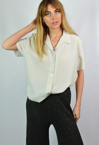 VINTAGE WHITE & BLACK DOT SHORT SLEEVE BLOUSE SHIRT