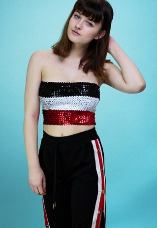 BLACK WHITE RED SEQUIN BANDEAU FESTIVAL CROP TOP