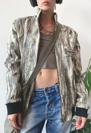 VINTAGE Y2K 00'S BLACK CREAM SPLATTER LEATHER ZIP UP JACKET