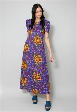 70's Vintage Ladies Maxi Midi Purple Floral Dress