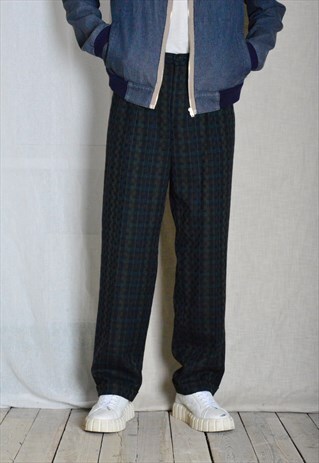 Vintage 70s Navy Blue Check Wool Blend Pleated Mens Pants