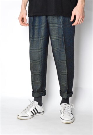 VINTAGE 70S UNISEX GREEN BLUE CHECK WOOL BLEND PANTS