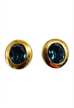 Christian Dior Earrings Stud Gold Sapphire Blue Vintage