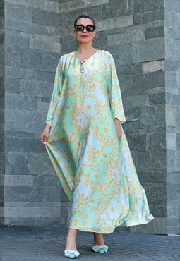 Blue and Green Satin Dress in Baroque Print, Resort Kaftan