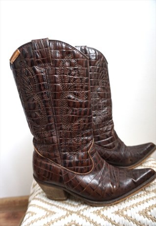 VINTAGE BROWN GENUINE LEATHER COWBOY WESTERN BOOTS SHOES