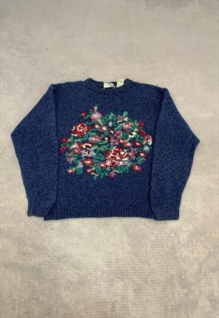 VINTAGE KNITTED JUMPER ABSTRACT FLOWER PATTERNED KNIT 
