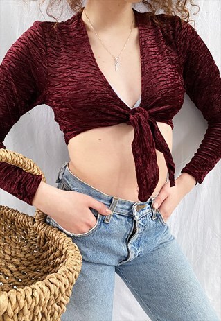 VINTAGE 90S SEXY VELVET MAROON TIE UP BLOUSE CROP TOP
