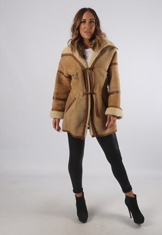 VINTAGE SHEEPSKIN SUEDE SHEARLING COAT SHORT UK S 10 (K93B)