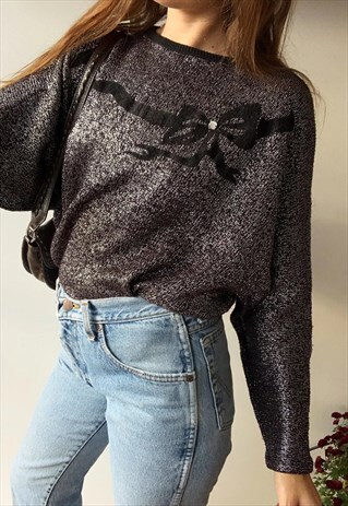 VINTAGE 80S CHRISTMAS RIBBON SPARKLING KNIT JUMPER SWEATER