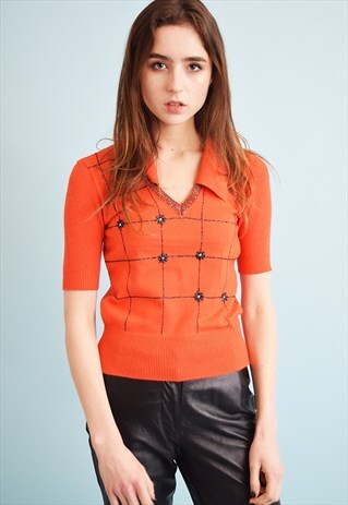 70'S RETRO SHIMMER FLORAL EMBROIDERY KNITTED BLOUSE TOP