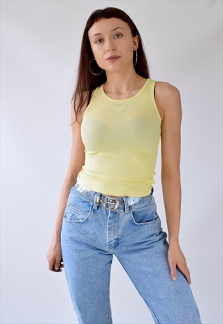 VINTAGE 90S Y2K TIGHT RIBBED DIAMANTE HEART VEST TOP