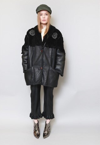 VINTAGE 1980'S BLACK EMBELLISHED SHEARLING AVIATOR COAT