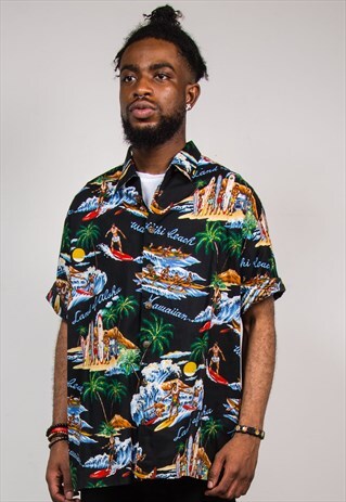 VINTAGE 90'S BLACK HAWAIIAN SURF BEACH SHORT SLEEVE SHIRT