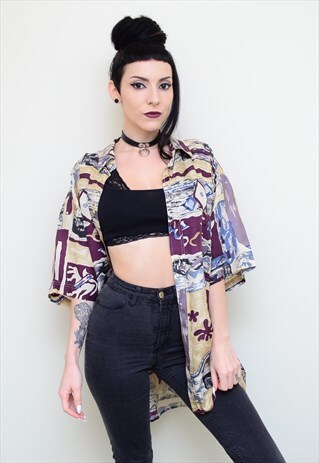 VINTAGE 90'S ABSTRACT SILK PATTERNED OVERSIZED SHIRT