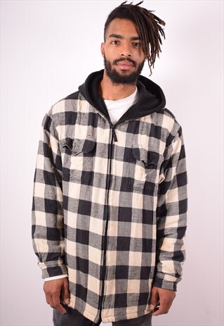 MENS VINTAGE LUMBERJACKET HOODIE LARGE BLACK CHECK 90S