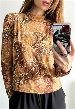 Paisley Psychedelic Tan Brown Patterned Top Blouse M