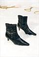 VINTAGE Y2K LEATHER BOOTS IN BLACK W KITTEN HEELS