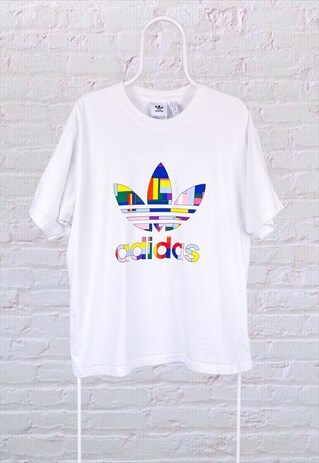 VINTAGE ADIDAS ORIGINALS T-SHIRT WHITE SPELL OUT LARGE