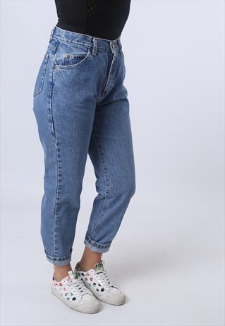 HIGH WAISTED DENIM JEANS TAPERED LEG VINTAGE UK 10-12 (E95Y)