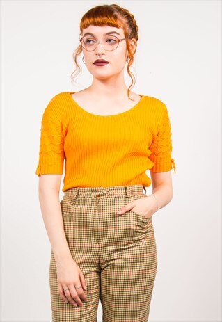 VINTAGE 70'S ORANGE RIBBED CROCHET KNIT TOP