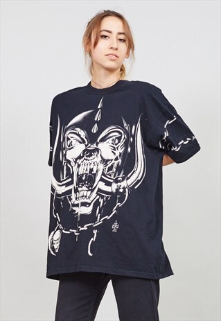 RETRO MOTORHEAD BLACK OVERSIZED SKULL BAND T-SHIRT