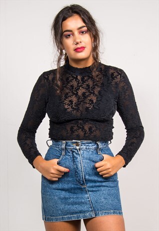 90'S VINTAGE BLACK LACE PATTERNED HIGH NECK BODYSUIT LEOTARD