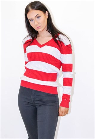 VINTAGE TOMMY HILFIGER STRIPED SWEATSHIRT JUMPER RED WHITE