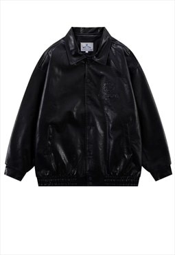 Faux leather varsity jacket vintage baseball bomber in black