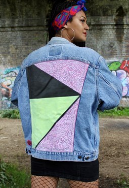 Reworked Painted Vintage Denim Jacket - Neon Retro Pattern