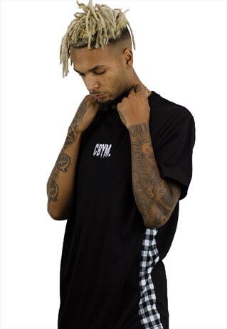 BLACK EMBROIDERED OVERSIZE T-SHIRT WITH GINGHAM SIDE PANEL