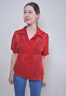 Vintage red lace blouse, retro short sleeve sexy shirt