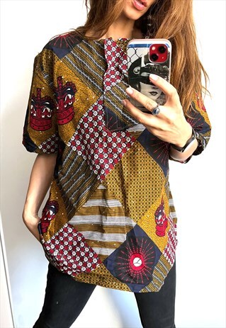 Abstract Cotton African Boho Colorful Tunic Blouse Top L