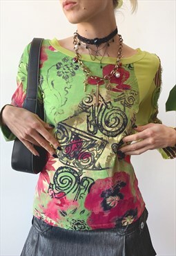 Vintage 00's Y2K Green Fairy Abstract Floral Graphic Blouse