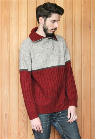 VINTAGE 1980S RED AND GREY JUMPER