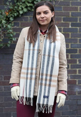 VINTAGE CASHMERE CHECKED SCARF CREAM-AS151