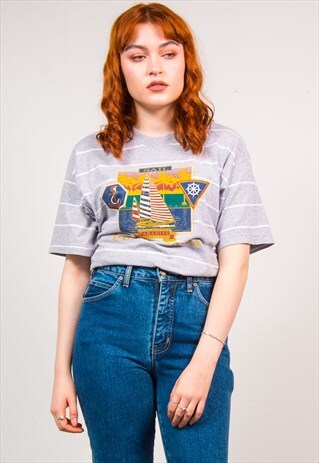 VINTAGE 90'S GREY STRIPED YACHT PRINT OVERSIZED T-SHIRT