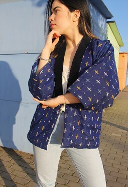 Navy Print Padded Kimono Jacket with Velvet Collar