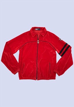 Bold Red Cotton Velour Collared Zip Up Casual Track Jacket